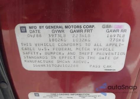 1988 Cadillac Allante z USA, uszkodzony, nr VIN 1G6VR3170JU102288